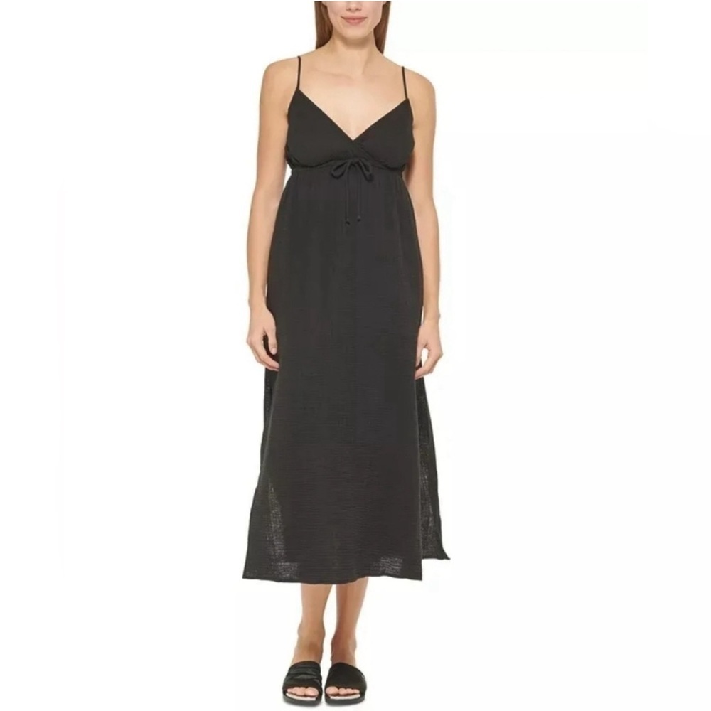 DKNY Women’s Black Maxi Cover Up Dress V Neck Tie Front Swim Size M